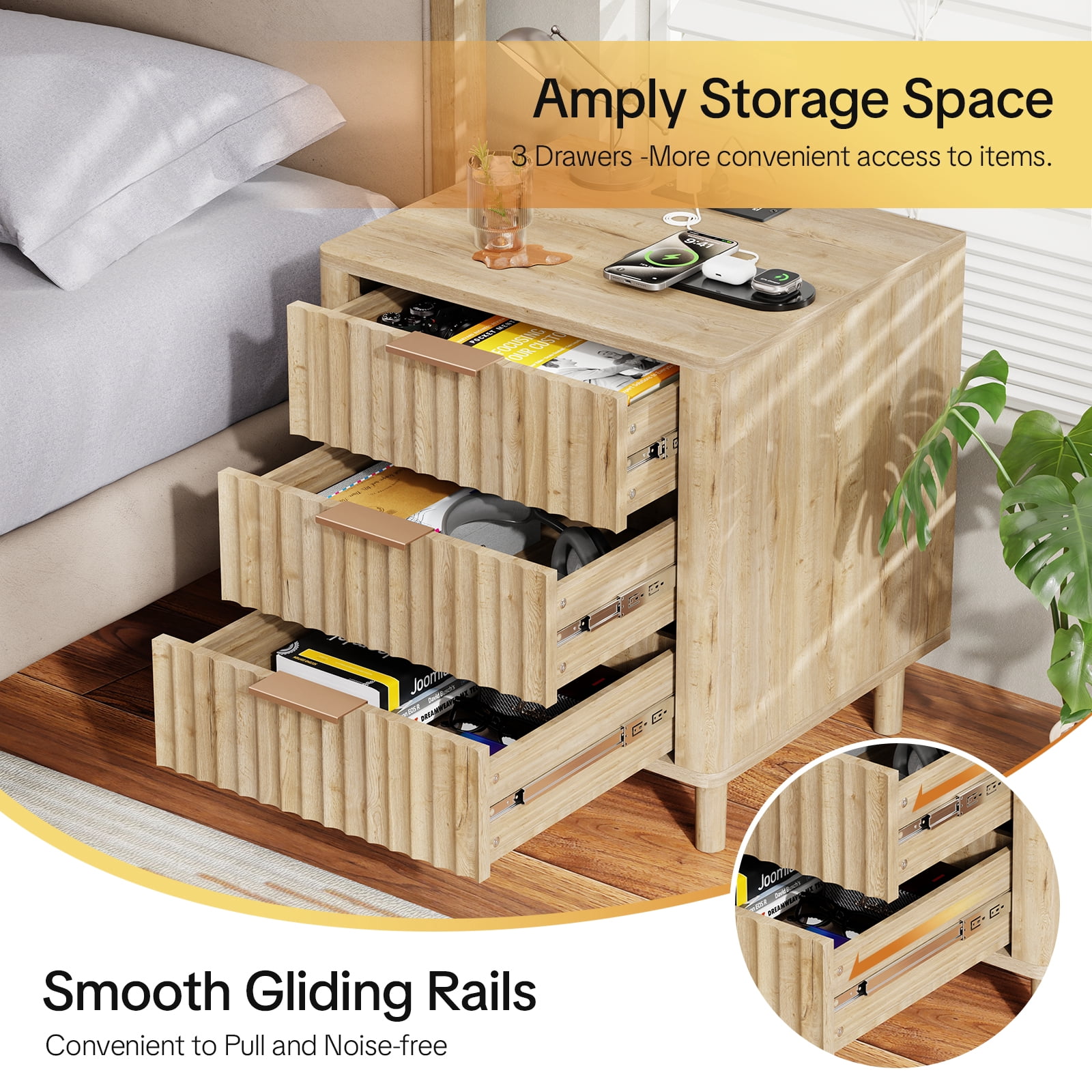 18" Wide Fluted Nightstand Set of 2 with Charging Station Modern Wood Bedside Table with 3 Drawers, Mid Century End Table for Bedroom Living Room Office, Oak