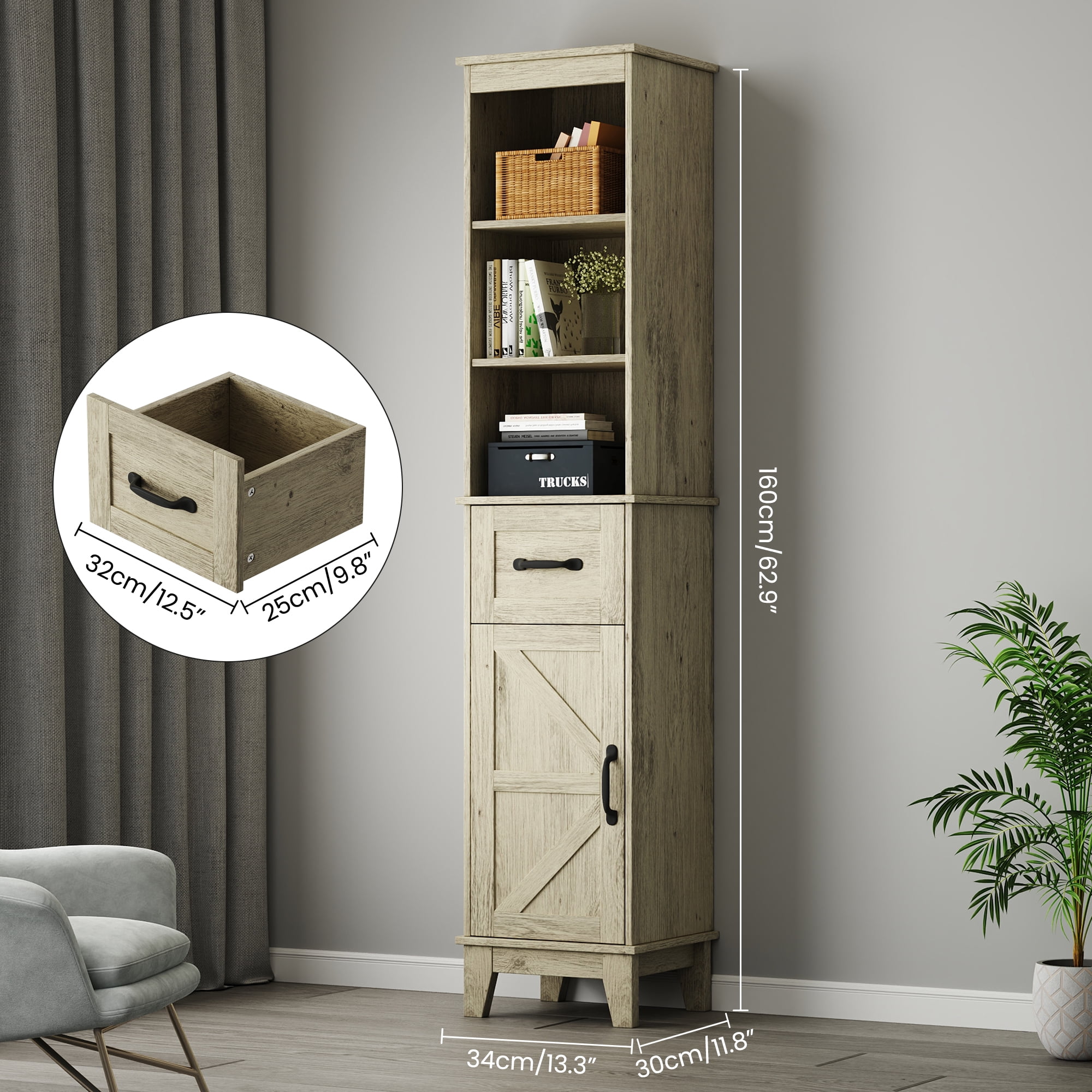 Tall Bathroom Storage Cabinet with Barn Door and Drawer, Narrow Freestanding Linen Cabinet for Bathroom, Gray