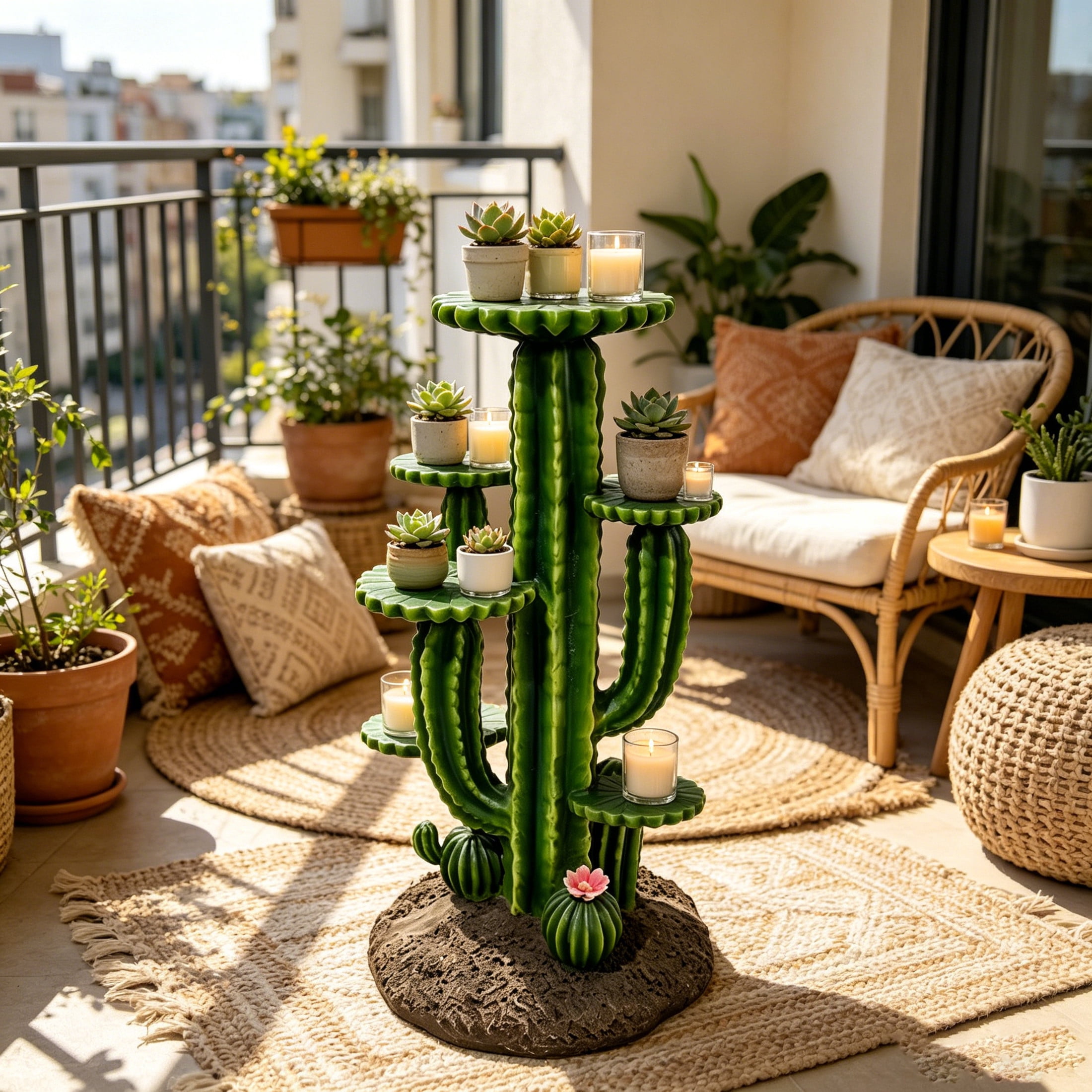 GDF Studio 32" Saguaro Cactus Plant Stand with 3 Display Shelves, Multi-Tier Weatherproof Resin Outdoor Garden Decor