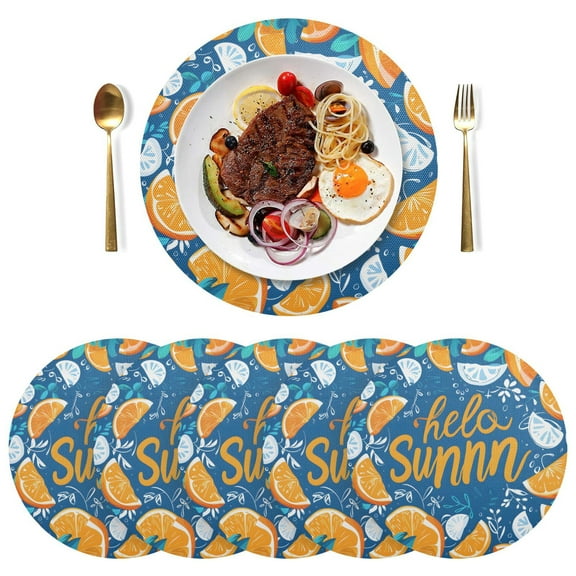 Hello Summer Oranges Black Round Placemats Plate Mats 15 Inch Non-Slip Heat Resistant Washable PVC Set Indoor for Kitchen Dining Table 1PC