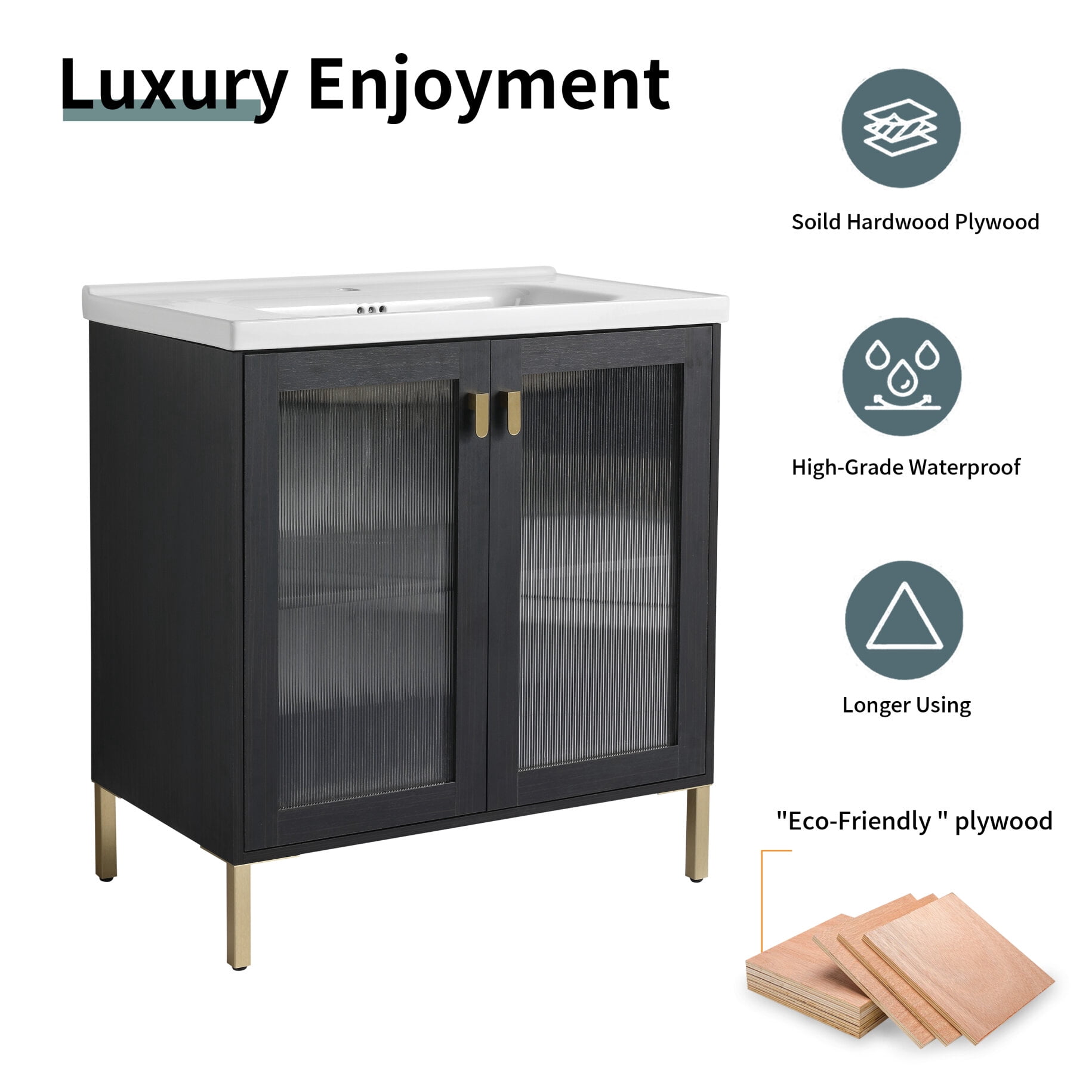 32" Bathroom Vanity, Modern Double Door Storage Cabinet With Ceramic Single Sink, Soft Closing Glass Door, Freestanding Bathroom Sink Cabinet, Black