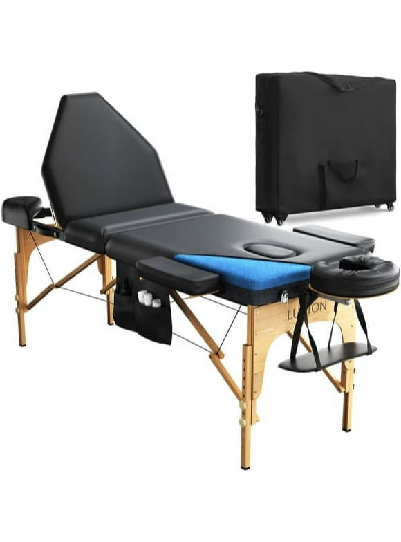 Luxton Home 3-Section Premium Memory Foam Massage Table with Rolling Carrying Travel Case - Easy Set Up - Foldable & Portable - Adjustable Height, Head Cradle, Hanging Arm Rest, & Side Storage Pocket