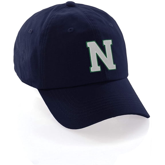 Customized Letter Intial Baseball Hat A to Z Team Colors, Navy Cap Green White Letter N