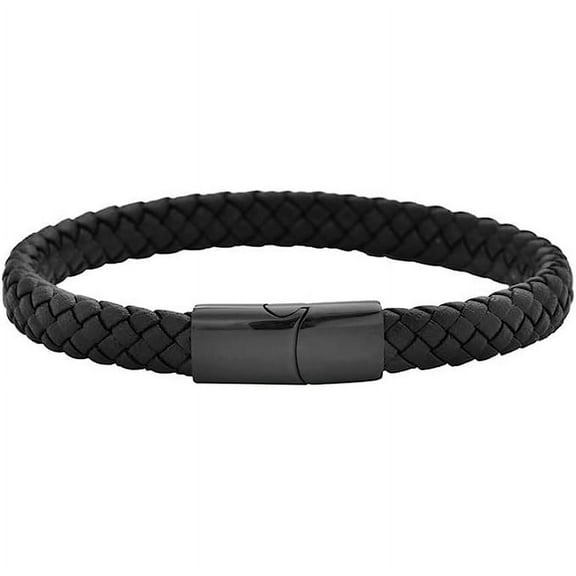 Simyoung Fashion Black Men's Braided Leather Stainless Steel Cuff Bangle Bracelet Wristband Chain Genuine