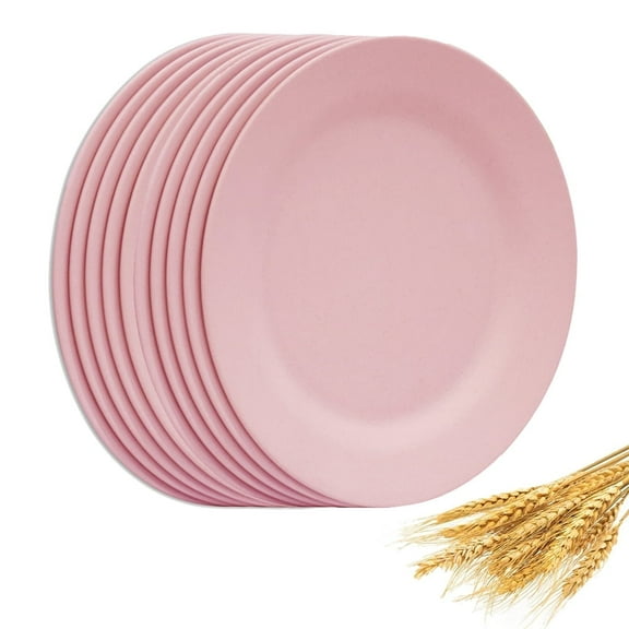 Set of 10 Round Salad Plates 10 Inch, Appetizer Dishes, Unbreakable Wheat Straw Dessert Plates, Kitchen Dinnerware for Steak Dinner Fruit, Reusable Kids Fiber Tableware (Pink)
