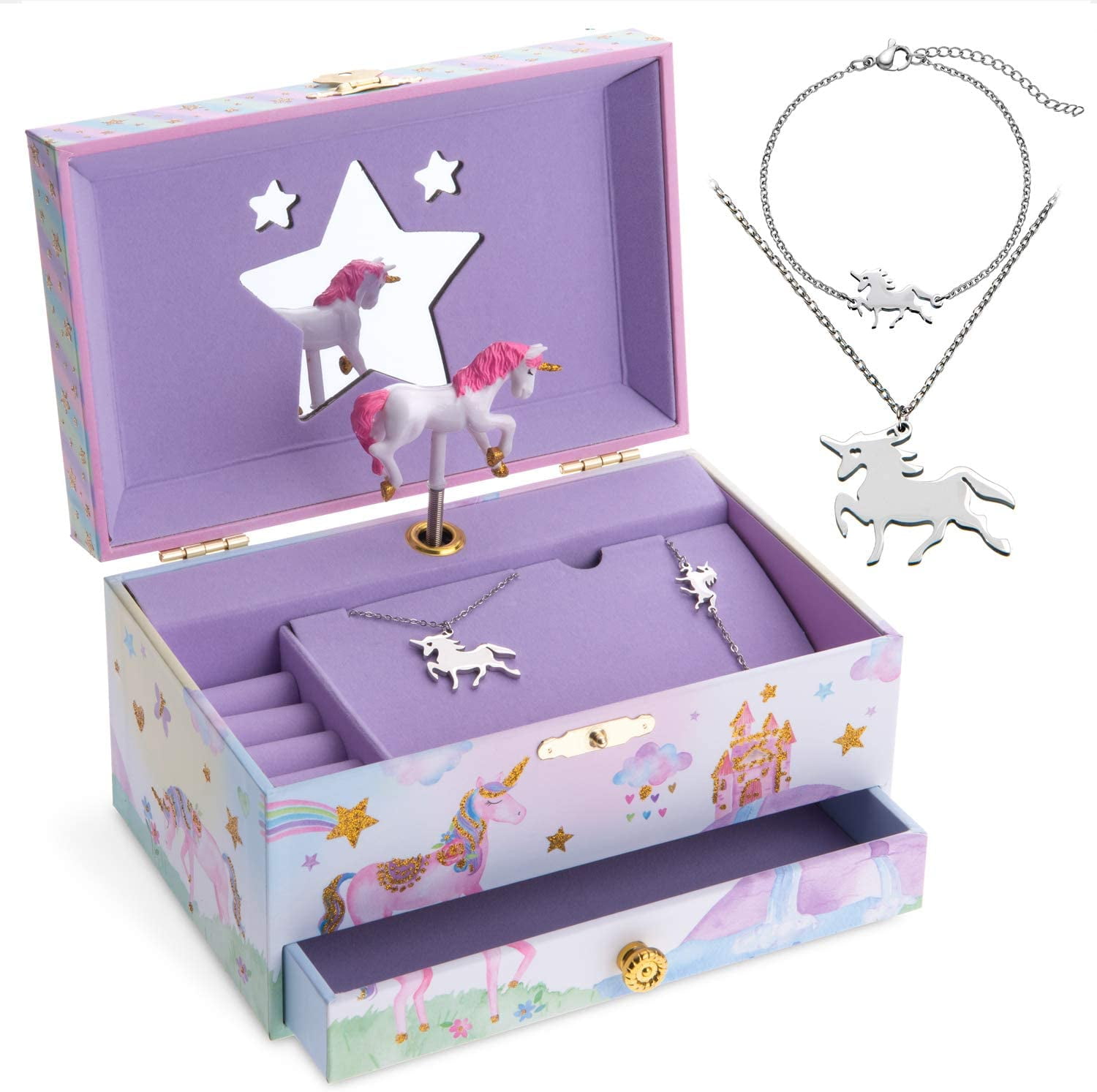 Childrens Unicorn Musical Jewellery Box Rainbow Cube Girl Kids Bedroom Gift 