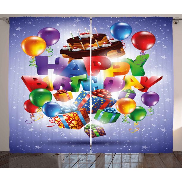 Birthday Decorations Curtains 2 Panels Set, Presents Balloons Curly