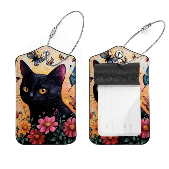 PhooArto 2 Pcs Luggage Tags, Black Cat and Butterfly Privacy Cover ID Label with Stainless Steel Loop and Address Card for Travel Bag Suitcase