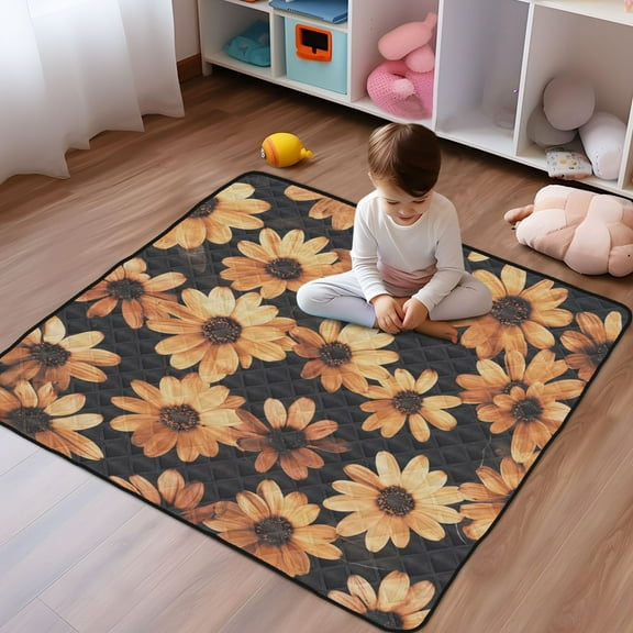 WOBOGO Orange Daisies Baby Playmats Extra Large Waterproof Rollable Activity Pads for Toddlers 50×50inch