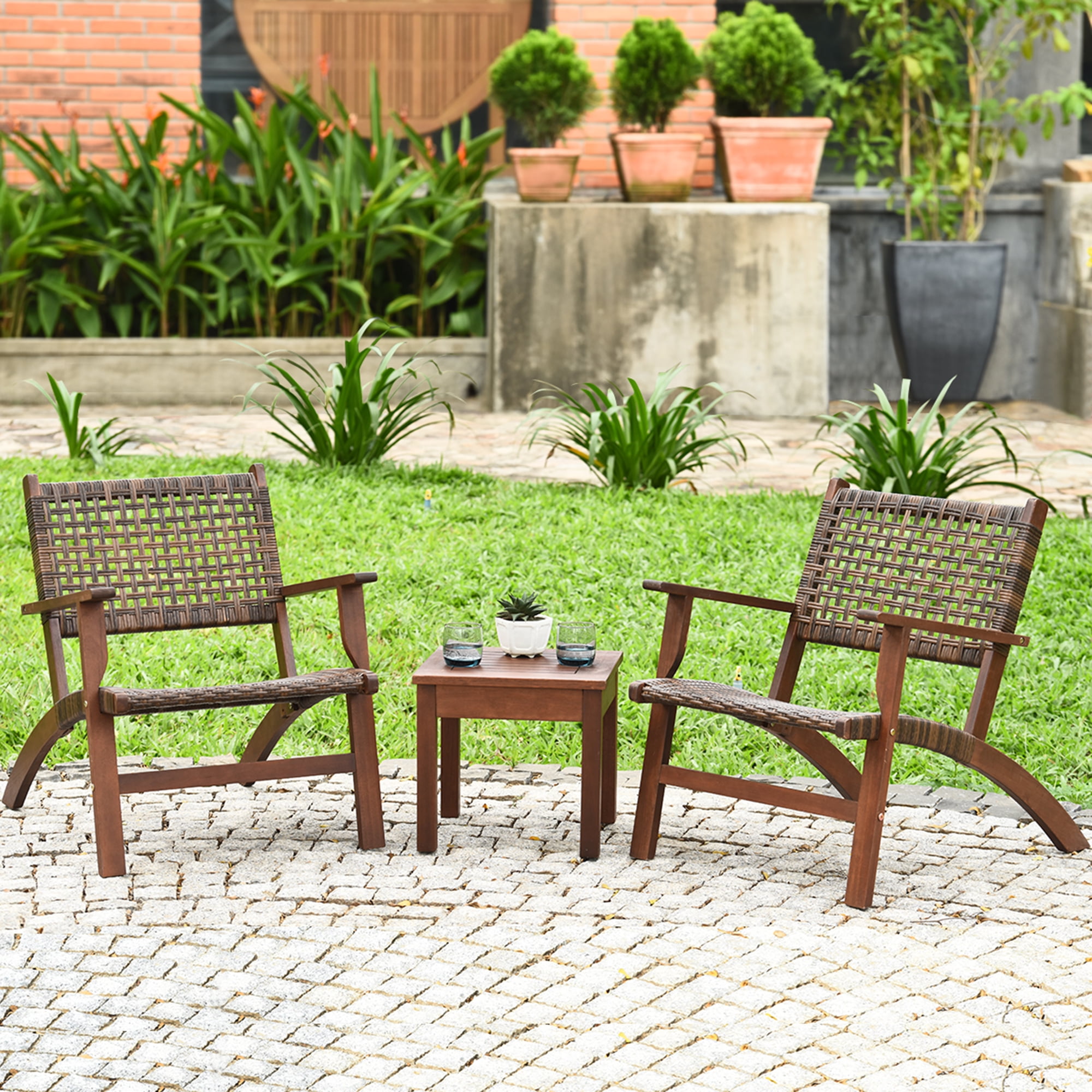Costway 3PCS  Patio Rattan Furniture Set  Solid Eucalyptus Wood Frame Bistro Set with Coffee Table Patio Conversation Set (Brown)