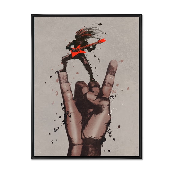 Designart 'The Guitarist On Rock and Roll Sign' Modern Framed Canvas Wall Art Print