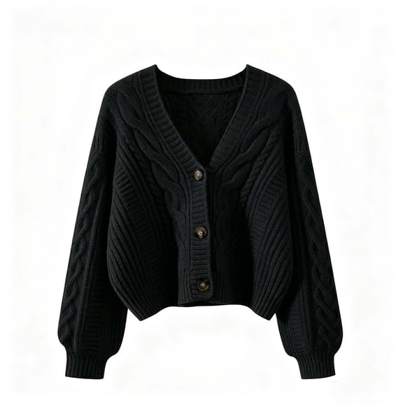 gbyLJF Womens Cable Knit Cropped Cardigan Casual V Neck Button Down Sweater Comfy Long Sleeve Jacket Black