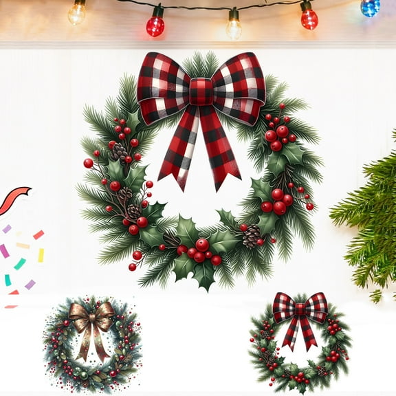 Lwlmwt Christmas Window Decals 15x15-inch Vibrant Wreath With Bows Design Decorative Window Decals Christmas Decorations for Doors and Windows, Bedroom, Living Room