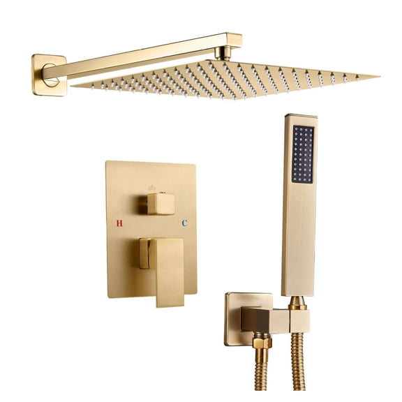 Shower Faucet Set 12 Inch Square Rain Shower Head & Handheld Brushed Gold