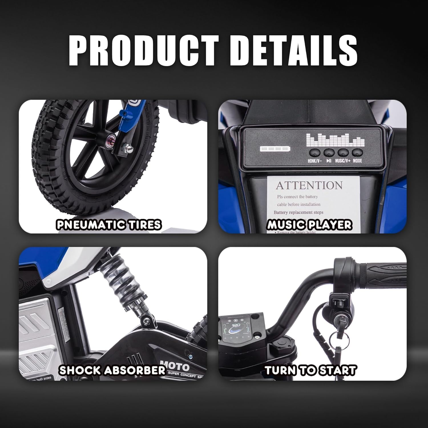 ThunderBolt Electric Dirt Bike Ride-On Motorcycle, 200W Motor, 3-9MPH Speed, LED Lights, Shock Absorber, Blue