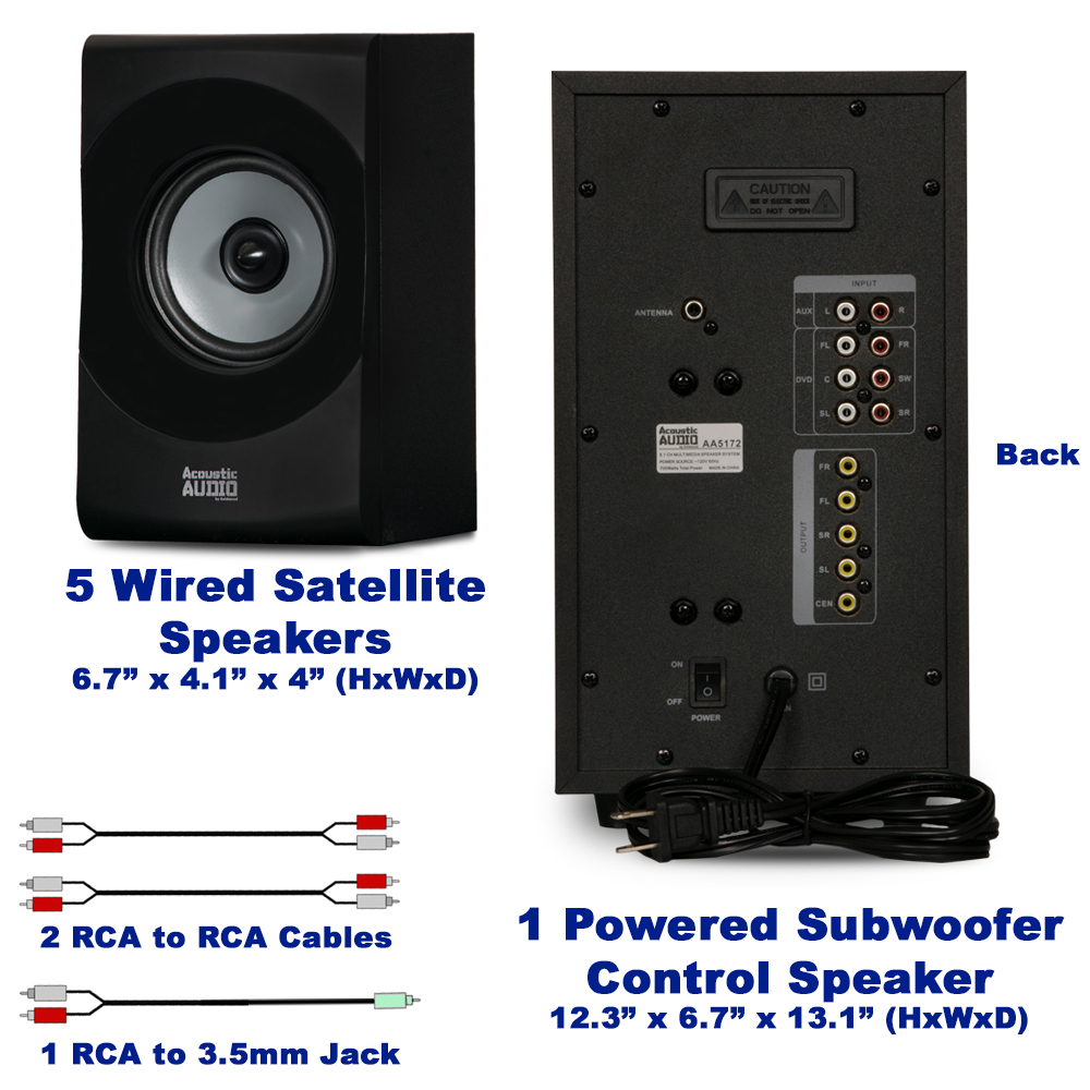 Acoustic Audio AA5172 Home Theater 5.1 Bluetooth Speaker System with USB and 5 Extension Cables - image 4 of 7