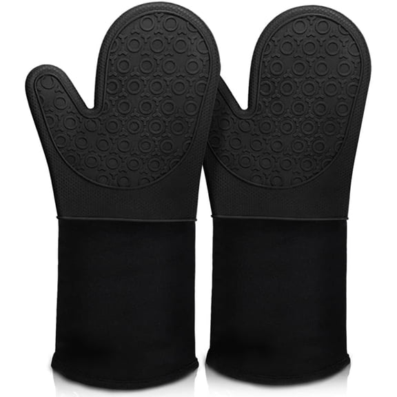 PLERISE Extra Long Silicone Oven Mitts, Heat Resistant Oven Gloves with Quilted Liner and Non-Slip Textured Grip, for BBQ, Baking, Cooking and Grilling, 1 Pair, 14.6 Inch, Black