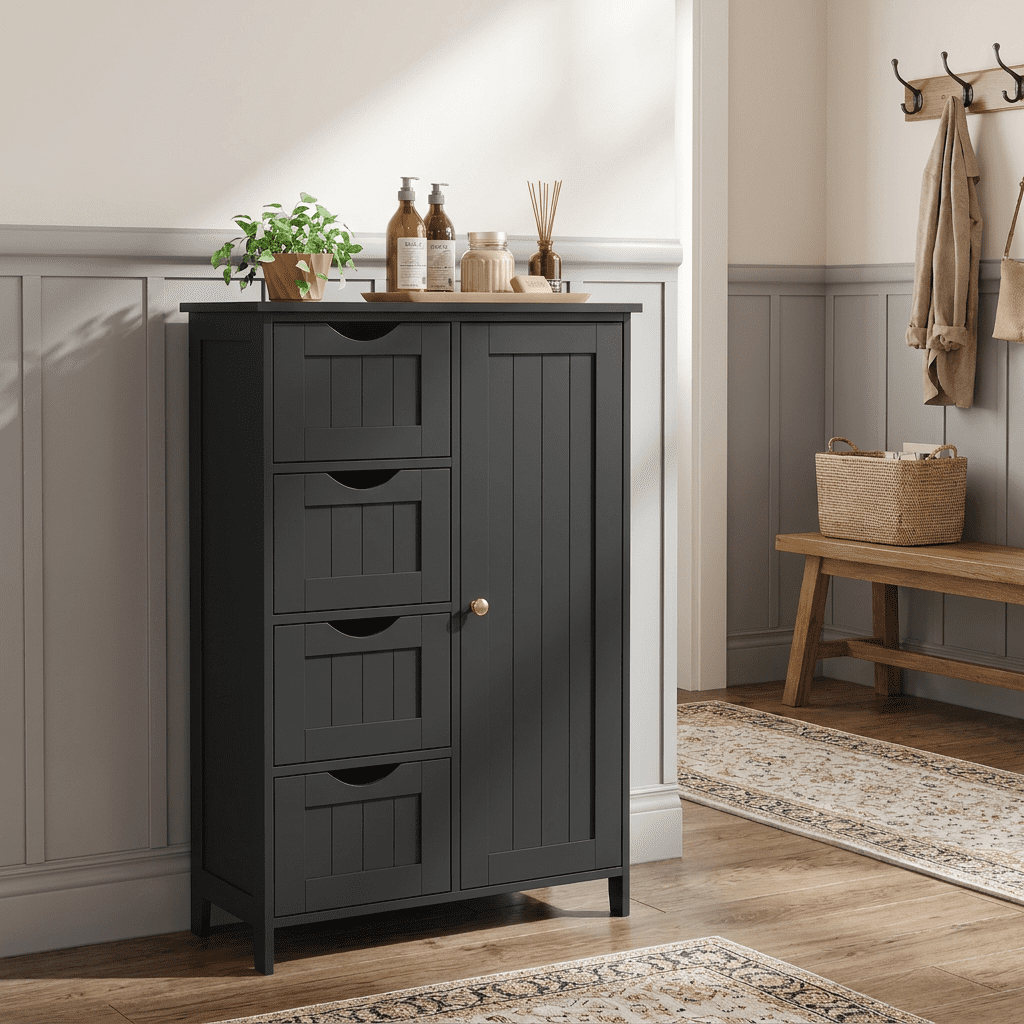 Ledrem Black Freestanding Storage Unit, 1-Door Cupboard with Adjustable Shelves