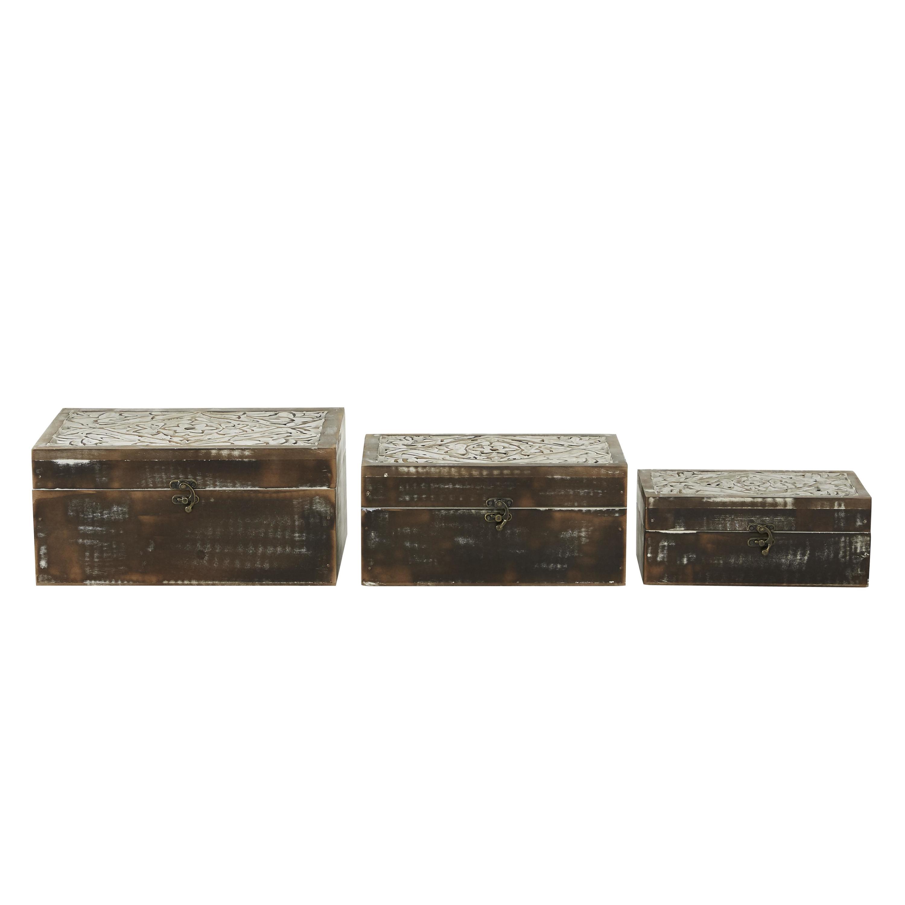 DecMode Floral Handmade Brown Wood Decorative Box with Hinged Lid, 3 Count