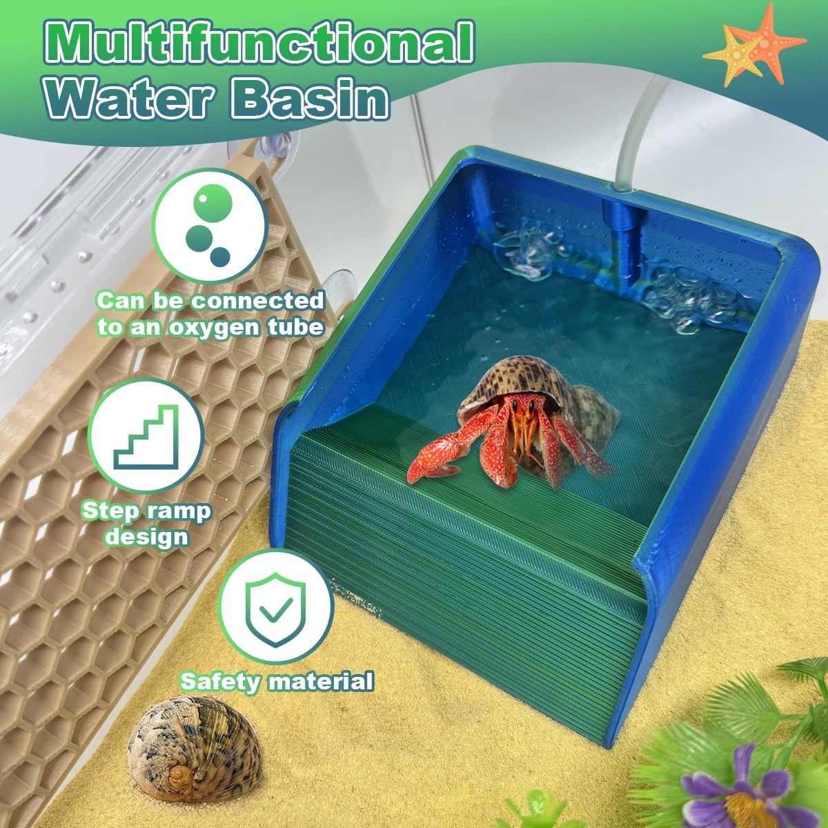 Hermit Crab Water Bowl with Climbing Ramp, Reptile Feeding Water Dish Tank Accessories for Hermit Crab Bearded Dragon Lizard Tortoise Frog Gecko (Navy Blue)
