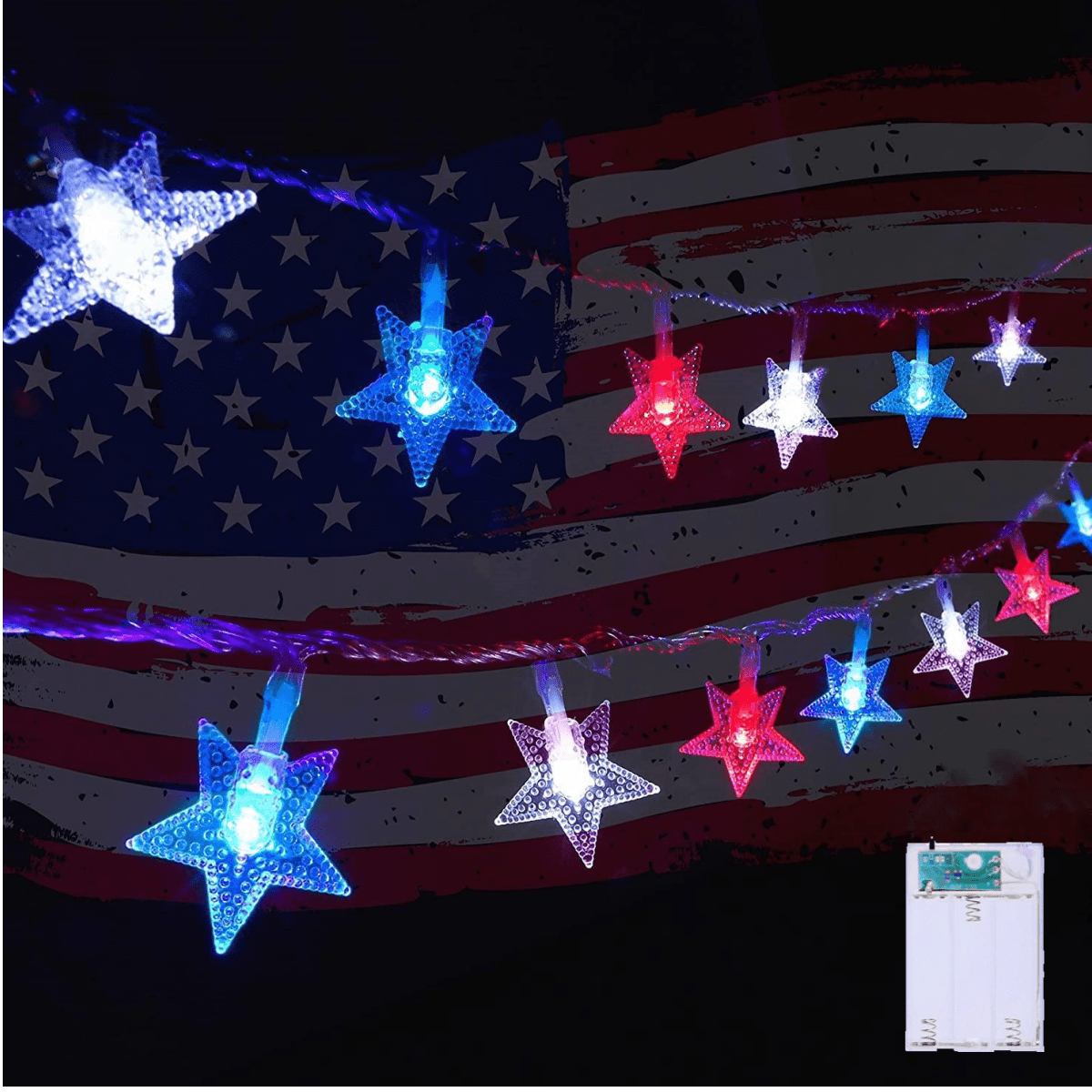 4th of July Red White Blue Stars String Lights, 20ft 40LED Waterproof