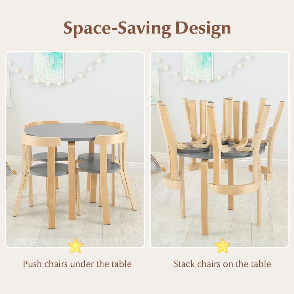 Kadyn Children Kids Table Chair Set,Children Playroom Table Chair Set,5-Piece Kids Wooden Curved Back Activity Table and Chair Set with Toy Bricks-Gray