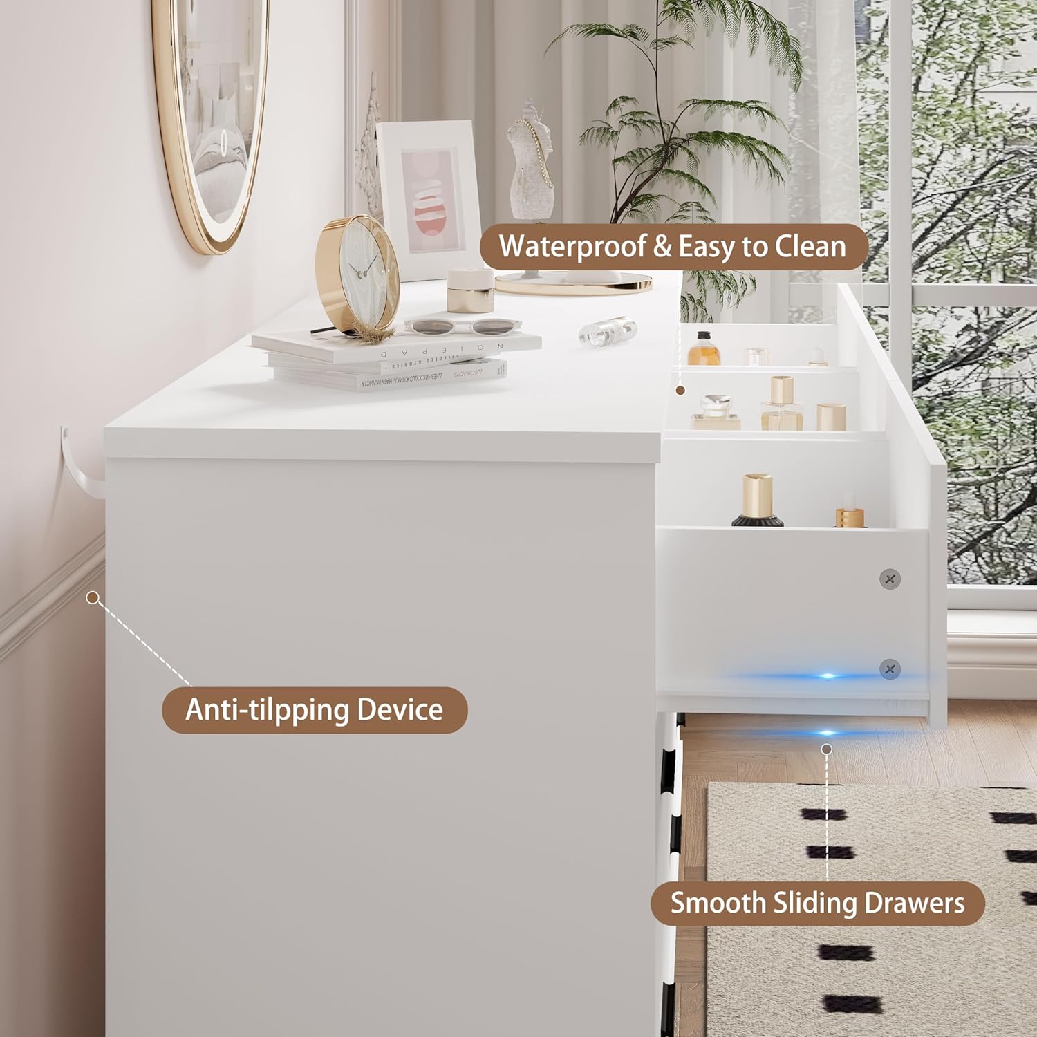 FANRAL 9 Drawer Dresser for Bedroom,Wood Modern Chest of Drawers with X-Shaped Sturdy Base,White Dresser