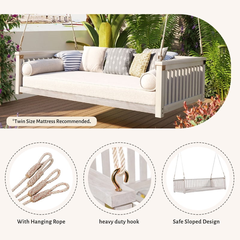 Patio Twin Size Garden Swing Bed, Wooden Porch Swing Frame with Ropes, Outdoor Hanging Swing for Garden, Backyard, Patio, Safe Sloped Design