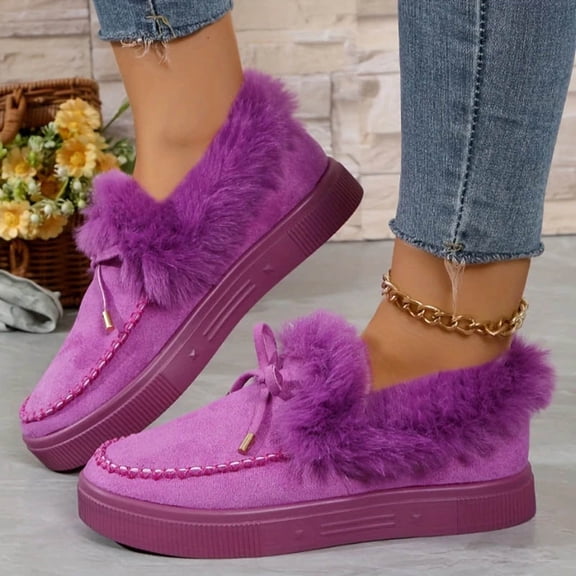 Women Fuzzy Fur Trim Chunky Sole Loafers, Faux Suede Slip On Winter Warm Moccasin Shoes with Bow, Non Slip Thick Sole Casual Outdoor Footwear Purple 38