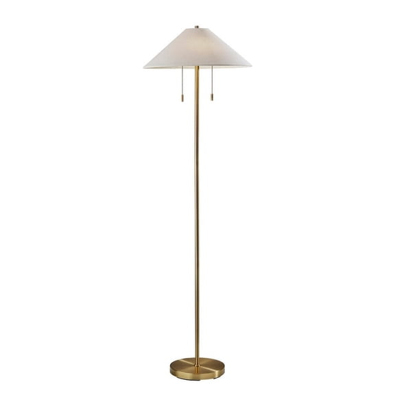 Adesso Claremont 60.5" 2-Light Mid-Century Antique Brass Floor Lamp with Off-White Shades