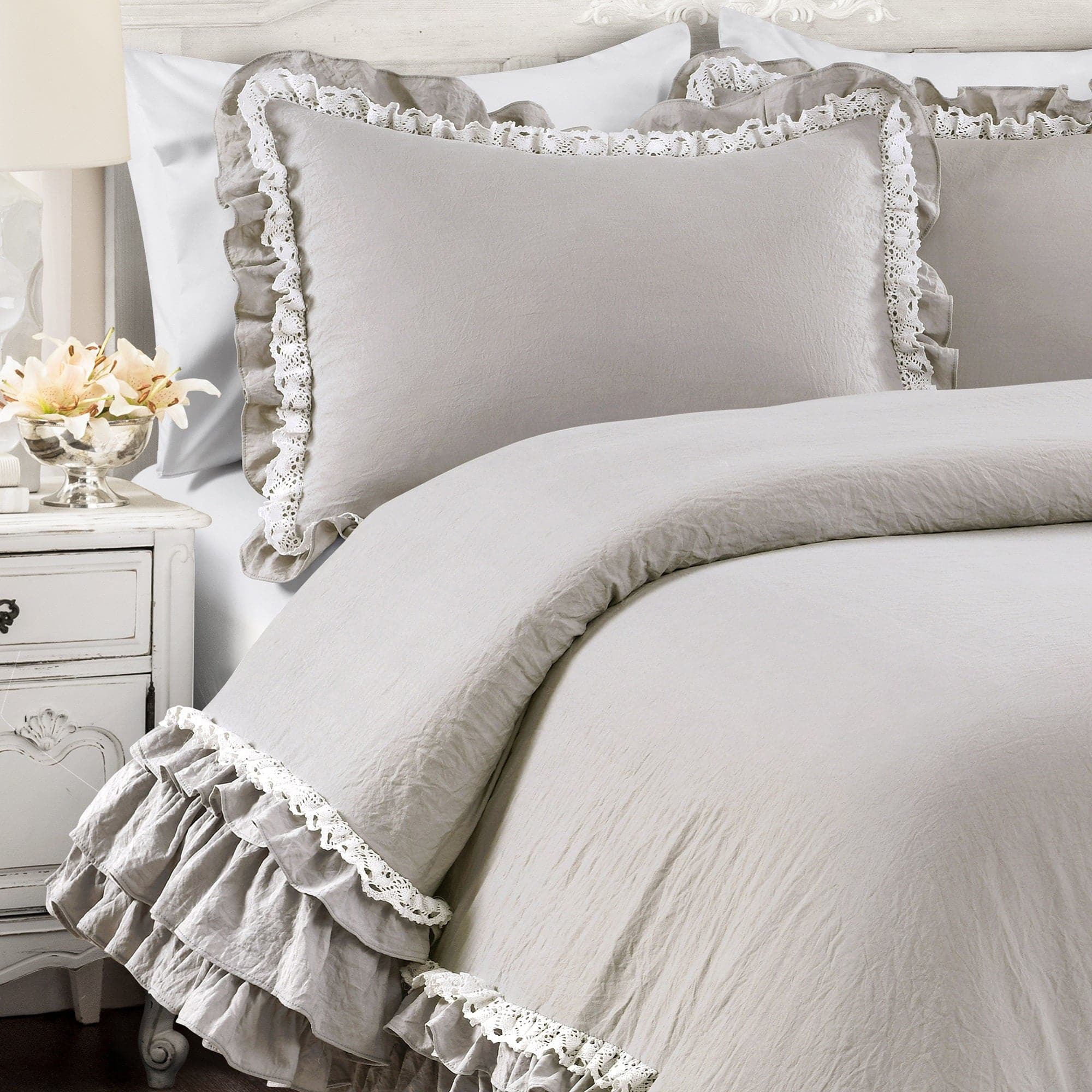 Copripiumino Queen QSH Con Volant: 100% Cotone Lavato, Stile Shabby Chic Country Francese, 3 Pezzi