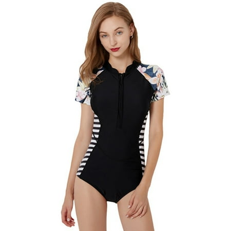Women Fashion Floral Short Sleeve One Piece Swimsuit Wetsuit Summer Beach