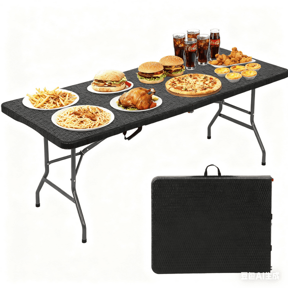 6ft Folding Table Heavy Duty Foldable Table Camping Working Table Indoor Outdoor Plastic Folding Table Utility Party Dining Table Easy to Assemble with Lock Function, Ratten