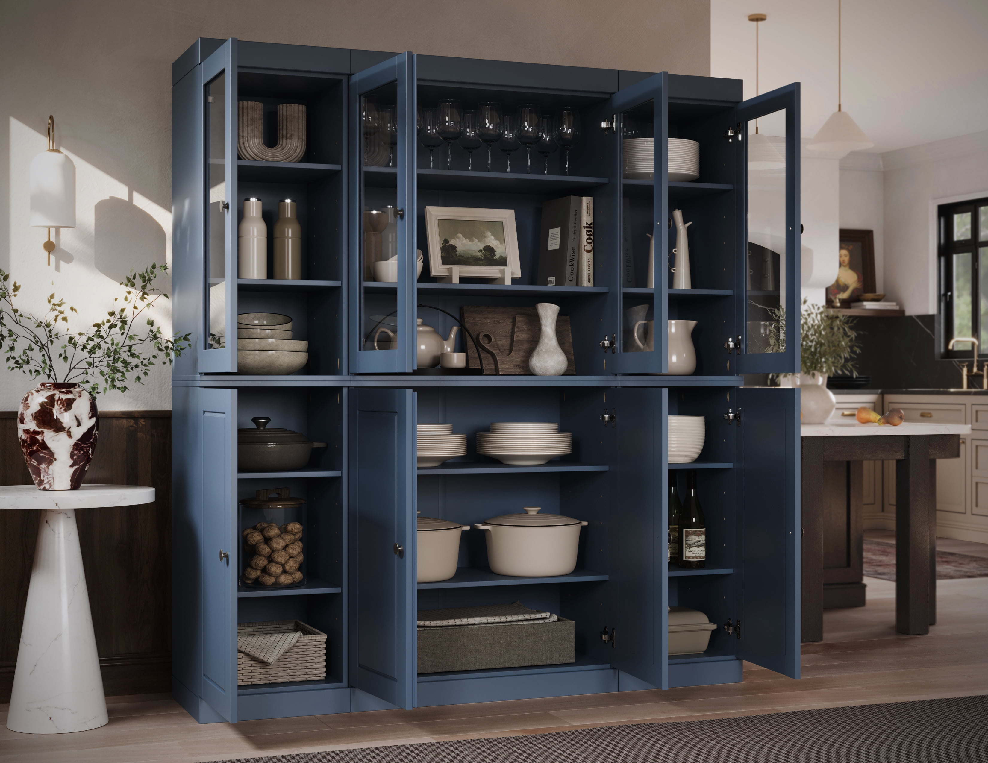 Palace Imports 100% Solid Wood Kitchen Pantry Storage Cabinet with Solid, Clear Glass Doors and Adjustable Shelves, Antique Blue