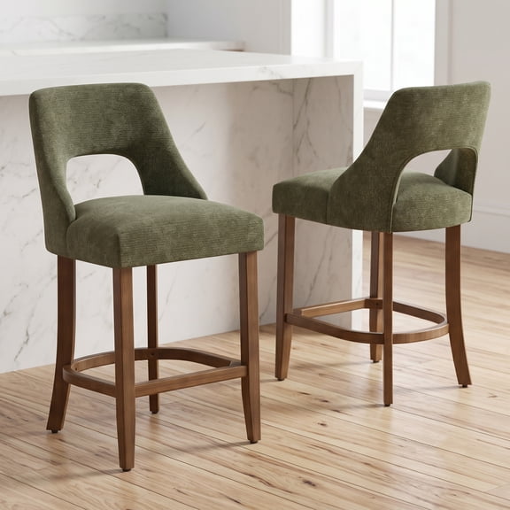 Bar Stools Set of 2, Upholstered Counter Height Bar Stools, Modern Counter Stools with Wood Legs for Kitchen Island Dining Room Bar, Green