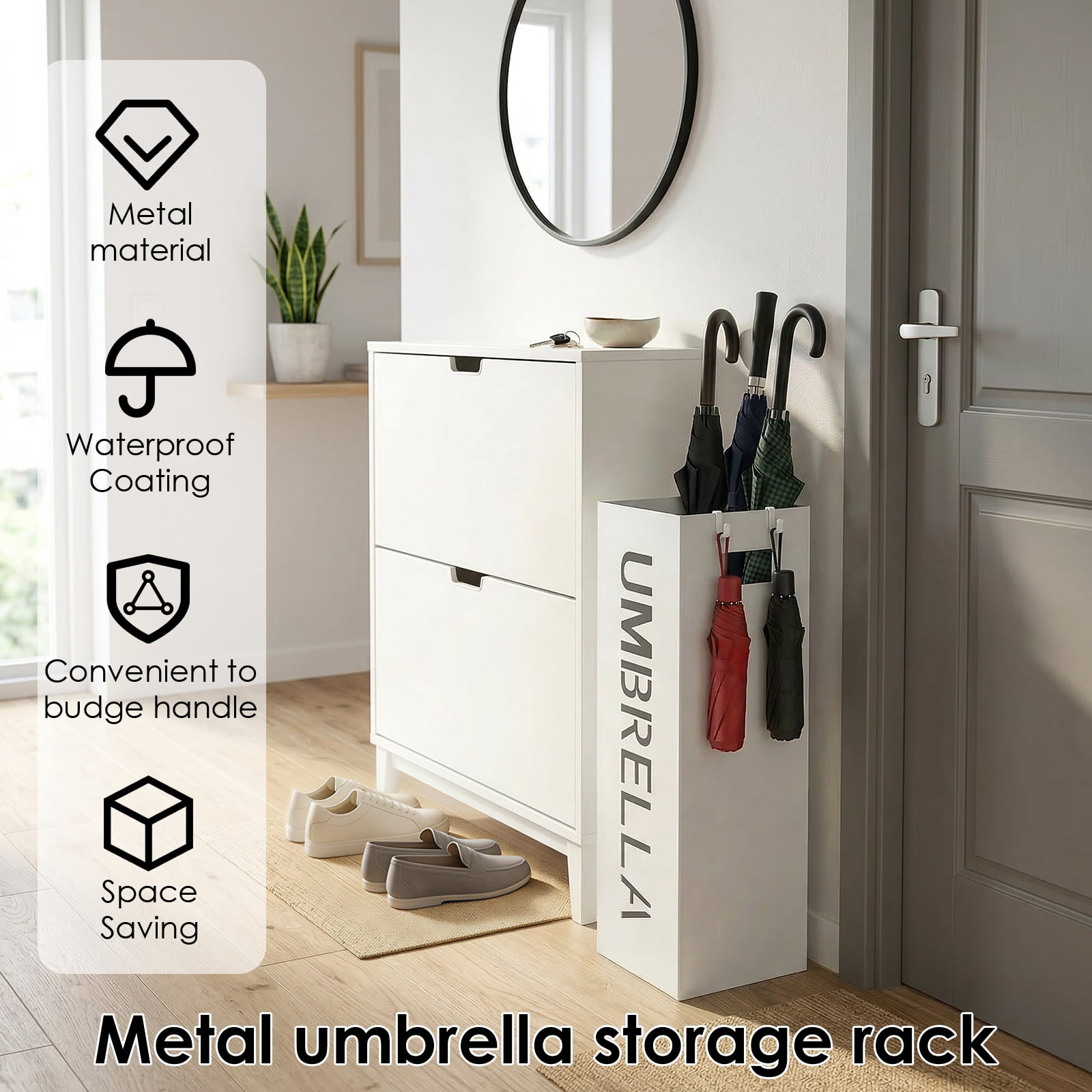 Metal Umbrella Rack Holder Walking Stick Holder Umbrella Stand Storage for Home Office Decoration Collocation In Hallway Foyer with 2 Small Hooks