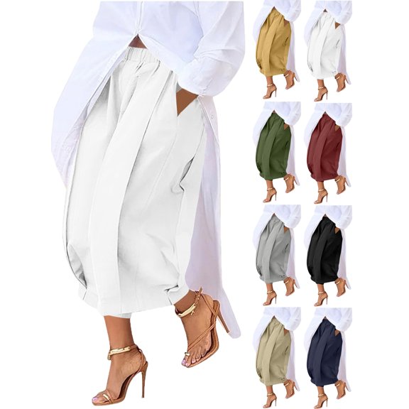 Wide Leg Pants Woman Plus Size with Pockets Elastic Waist Women' Trendy Solid Color Casual Pleated Fashionable Wide Leg Cropped Pants White XXL