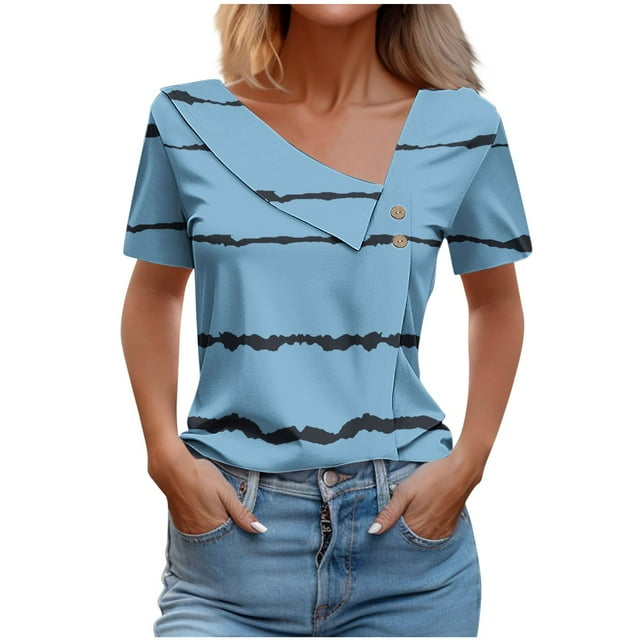 Tops de Algodón para Mujeres Cuello en V Casual de Manga Corta, Imitación Algodón Primavera Y Blusa de Verano