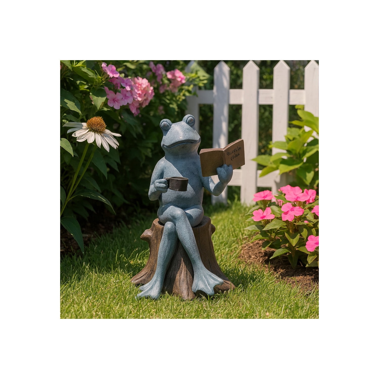 Decorative Resin Frog On Stump Statue for Garden Decor - Front Porch Accent for Landscape, Patio, or Outdoor Lounge Sitting Decor - Yard Sculpture for Walkways or Backyard - 13", Gray & Bronze