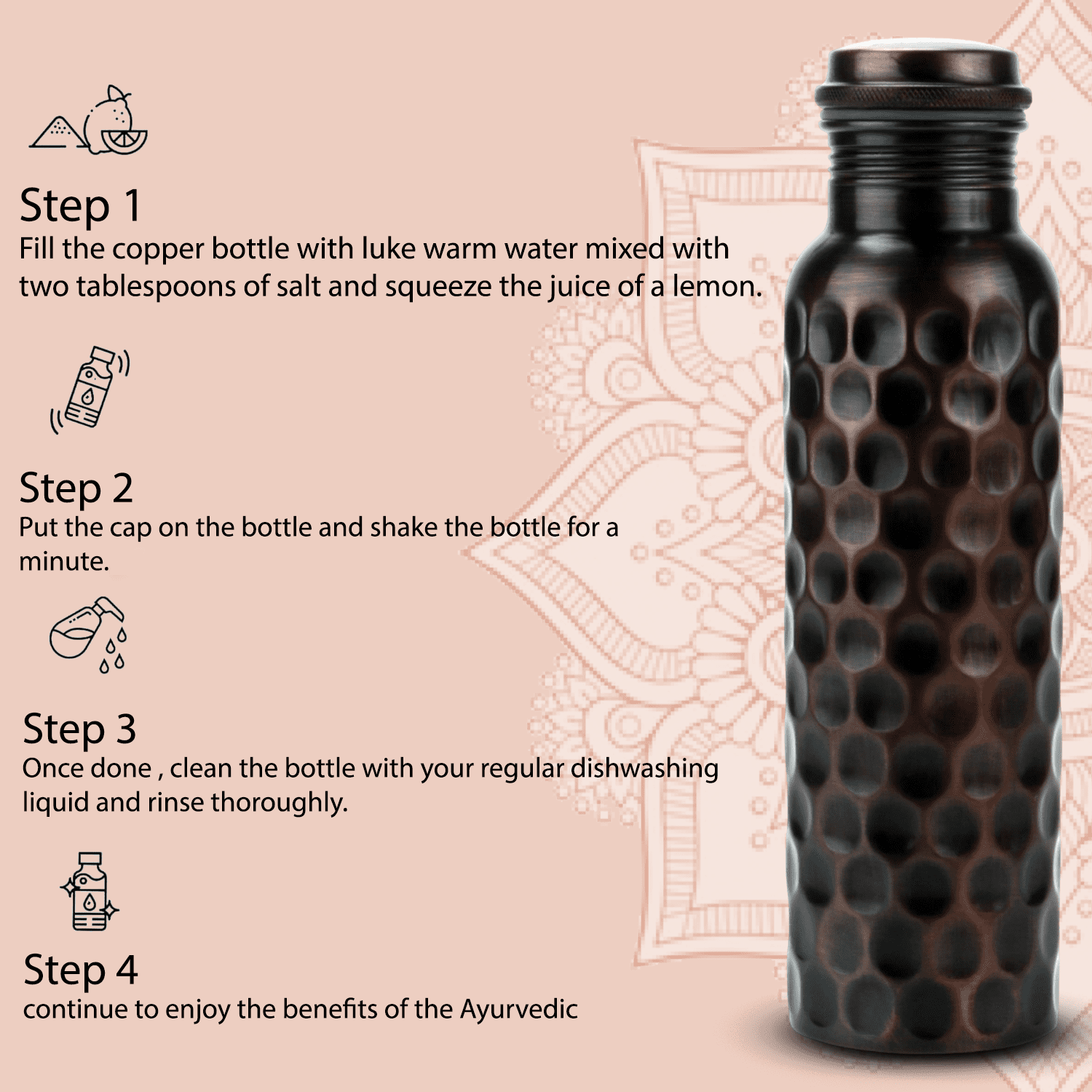 Perilla Home 100% Antique Diamond 1 Litre Pure Copper Bottle With Leak Proof Contains Ayurveda Health Benefits For Drinking Water For Men Women Gym Yoga Travelling Hiking Indoor | Outdoor | Office |