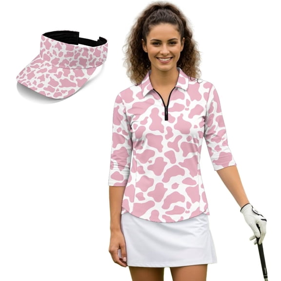 Garronmavis Pink Cow Print Women's Golf Shirt and Sun Visor Hat Set Quarter Zip Golf Shirts for Women 4-Way Stretch Suitable for Golf Enthusiasts Soft and Comfortable Breathable Fabric