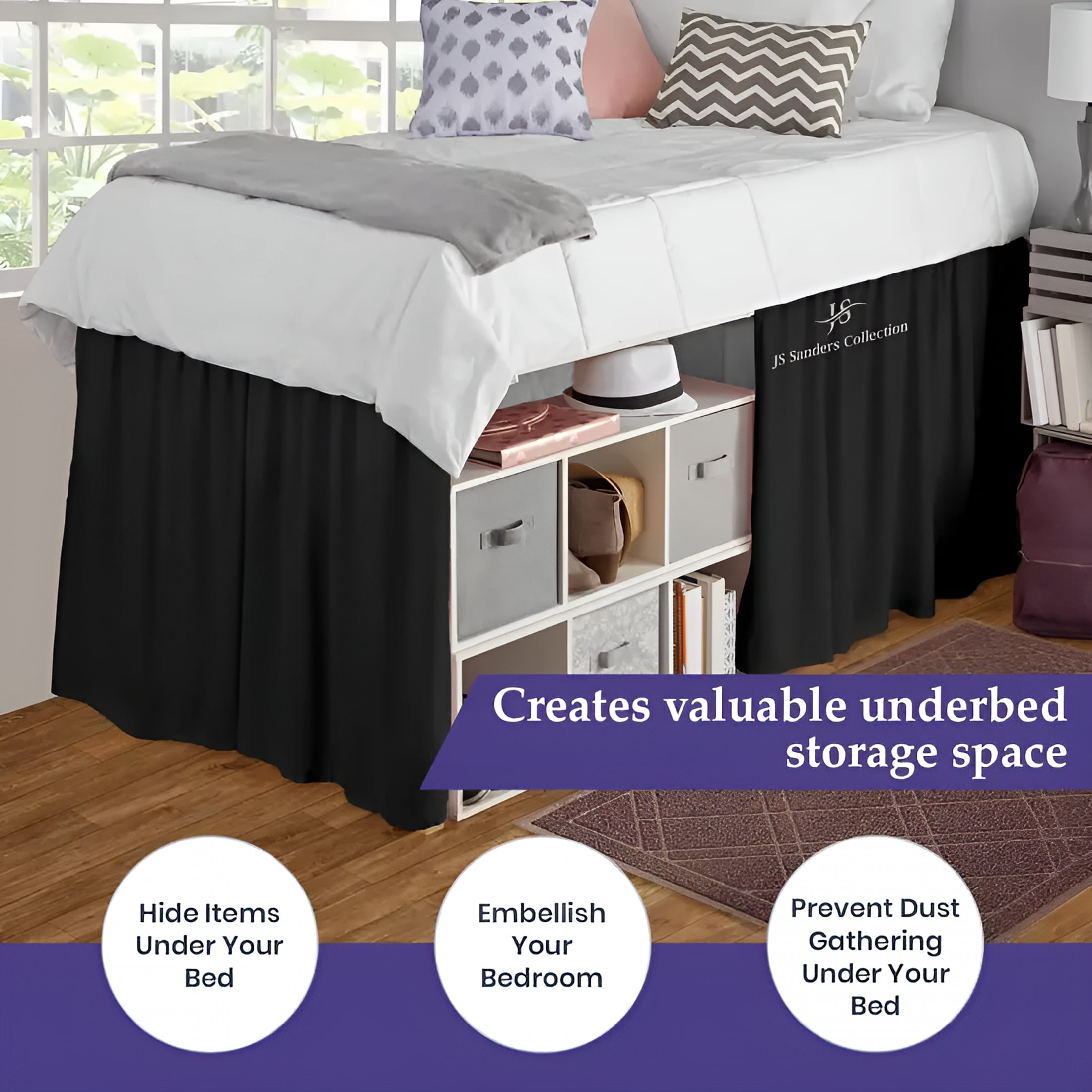 AUQ Dorm Bed Skirt Twin XL Size 32" Drop Black Solid Bed Skirt Stylish Ruffled Pattern Split Corner Easy Fit Easy Care Fade&Wrinkle Resistant-Polycotton Made