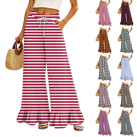 Striped & Plaid Ruffle Hem Wide Leg Pants - High Waisted Palazzo Trousers with Pockets, Flowy Drawstring Casual Lounge Pants Black L