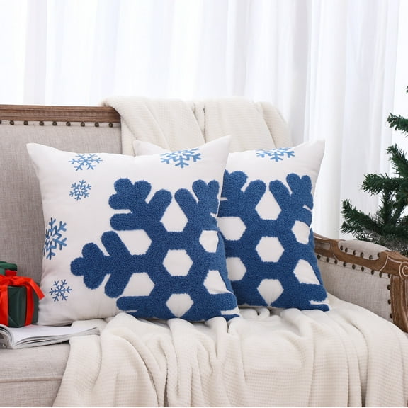 Christmas Outdoor Throw Pillow Covers Winter Holiday Snowflake Embroidered Decorative Xmas Cushion Cases Home Decor for Bedroom 18x18 Set of 2, Bule