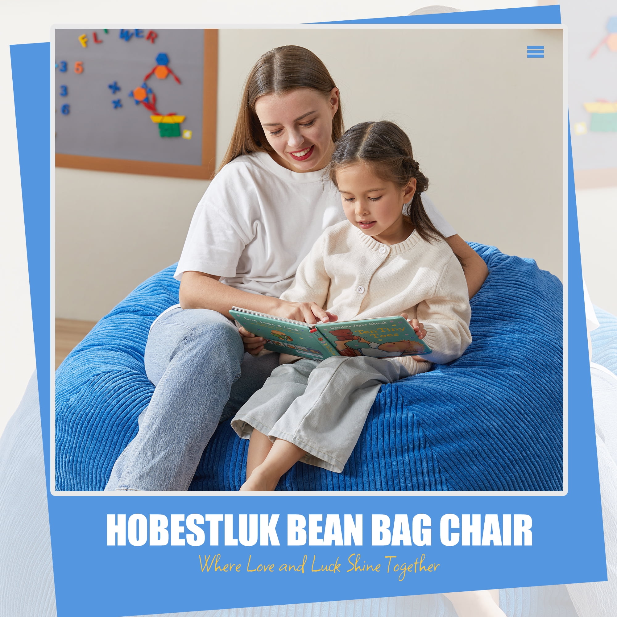 3.5FT Bean Bag Chair Adult Large Beanbag Chair with Filler Included Teardrop Bean Bag Chair with Removable Cover for Bedroom Living Room (Large, Blue)