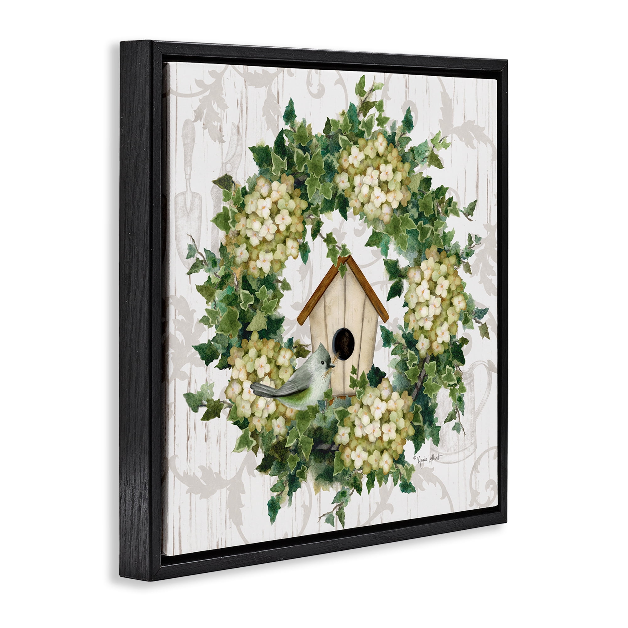 Stupell Industries Spring Birdhouse Wreath Botanical & Floral Painting Black Floater Framed Canvas Art Print Wall Art, 25 x 25