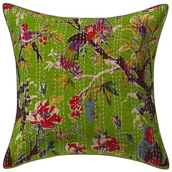 Stylo Culture Ethnic Couch Throw Pillow Cover 16x16 Kantha Parrot Green Printed 40 x 40 cm Living Room Decor Cotton Bird Floral Square Cushion Cover | 1 Pc
