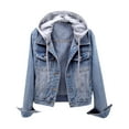thumbnail image 4 of denim jacket for women,Light Blue Women's Oversized Denim Jacket Long Distressed Ripped Trucker Jean Jackets Coat With Detachable Hood, 4 of 5