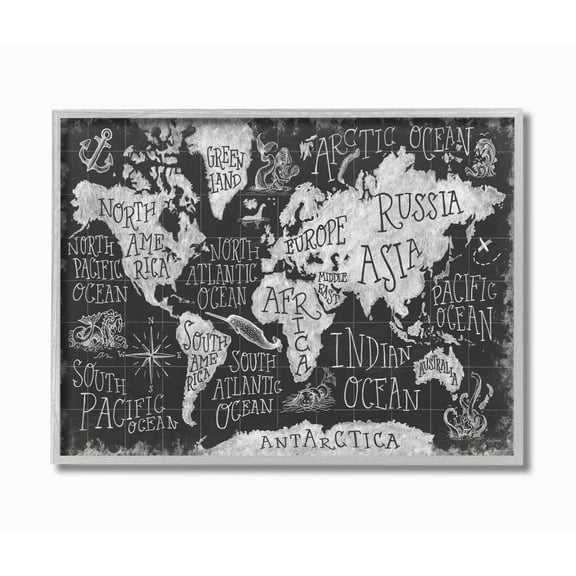 Stupell Industries Children's Mythical Creatures Fantasy Black White Chalk Map Framed Wall Art Design by Mary Urban, 16" x 20", Gray Framed