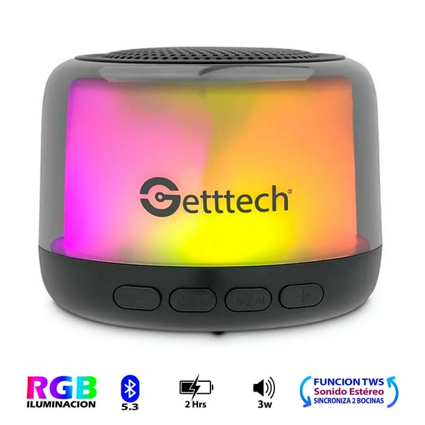 BOCINA PORTATIL GETTTECH GUS-ETRBT-01 ILUMINACION RGB BLUETOOTH LECTOR MICRO SD 3W 400mAh SONIDO ESTEREO TWS